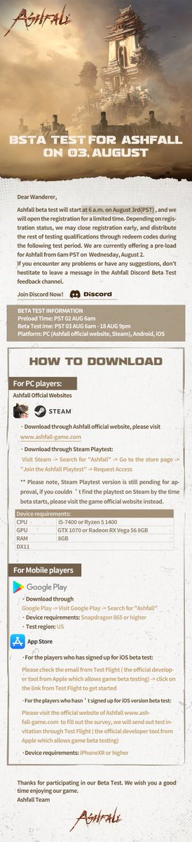 Ashfall (@playashfall) on Twitter photo Dear Wanderers, 
The Closed Beta Test of Ashfall is about to begin on Aug 3rd. Are you ready for your journey to the Eastern Wasteland?
The following information will be helpful with your exploration. Please check it carefully! 
More info: discord.gg/jjQkunqgnP Dear Wanderers, 
The Closed Beta Test of Ashfall is about to begin on Aug 3rd. Are you ready for your journey to the Eastern Wasteland?
The following information will be helpful with your exploration. Please check it carefully! 
More info: discord.gg/jjQkunqgnP