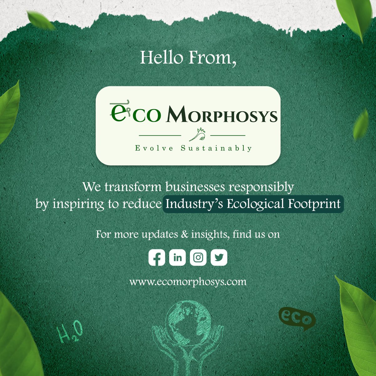 ecomorphosys_in's tweet photo. Hello good folks on #Twitter! We are happy to be here and look forward to having engaging and meaningful interactions with all of you. 
#EcoMorphosys helps organizations transform from doing 'Business as usual' to 'Sustainable Business Practices'. 

#MyFirstTweet https://t.co/bL2nPQwt9d