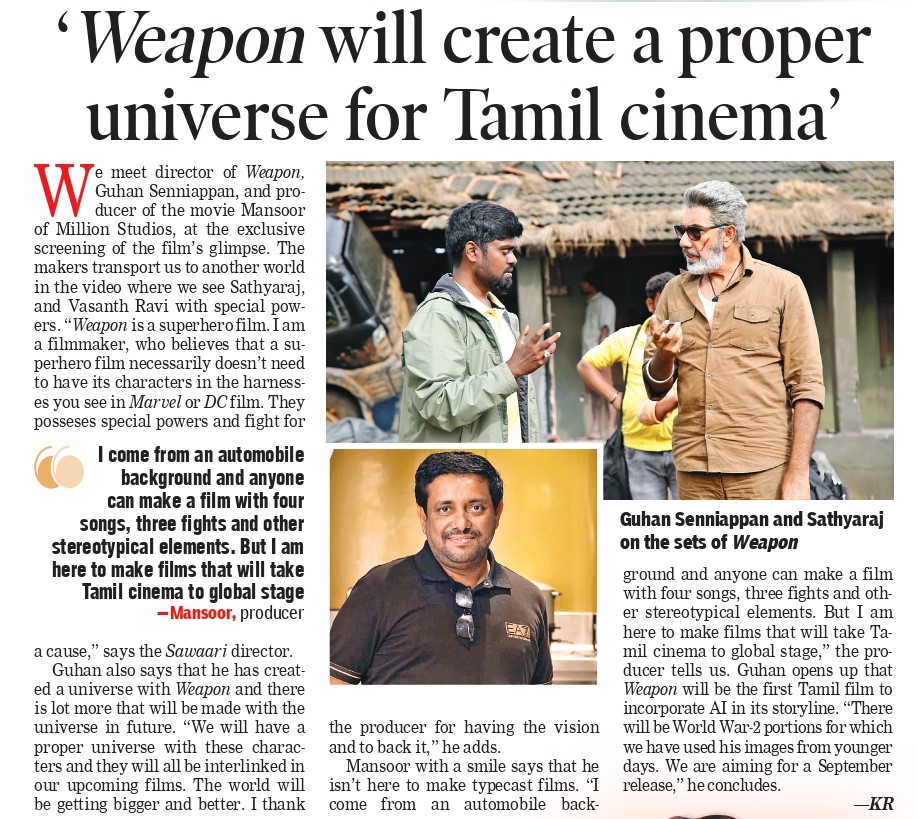 In a chat with @iamkaushikr at the exclusive screening of #Weapon movie glimpse, director @GuhanSenniappan speaks on what superhero films mean to him & how he has created a proper universe with this. @manzoorms @MillionStudioss @iamvasanthravi #Sathyaraj dtnext.in/news/cinema/we…