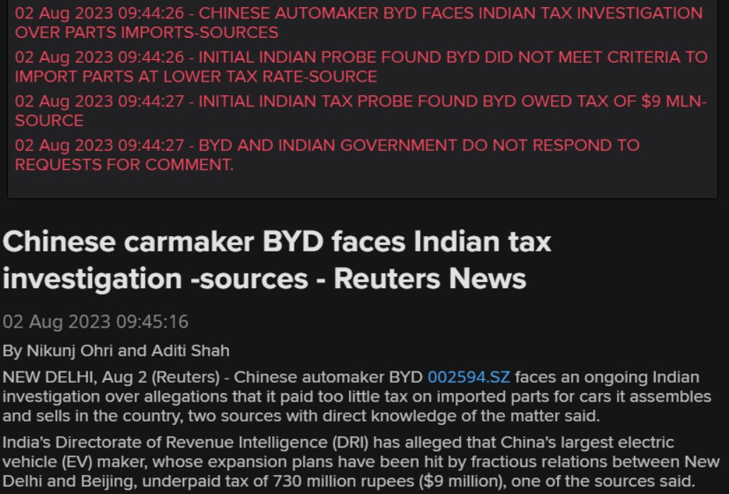 aditishahsays's tweet photo. #OnReuters Chinese carmaker @BYDCompany is facing a tax investigation in India. The allegation is BYD underpaid tax on import of parts for the cars it assembles in the country, sources tell @Reuters Story with @Nikunj_Ohri https://t.co/uhzlZlABtg