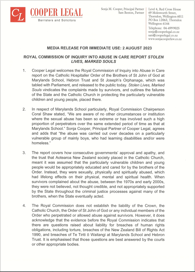 CooperLegal's tweet photo. MEDIA RELEASE FOR IMMEDIATE USE: 2 AUGUST 2023

ROYAL COMMISSION OF INQUIRY INTO ABUSE IN CARE REPORT - STOLEN LIVES, MARKED SOULS

#royalcommissionintoabuseincare #mediarelease #abuseincare #humanrights #CatholicAbuse #ANZcatholic #StJohnofGod https://t.co/osA0nNP2XJ