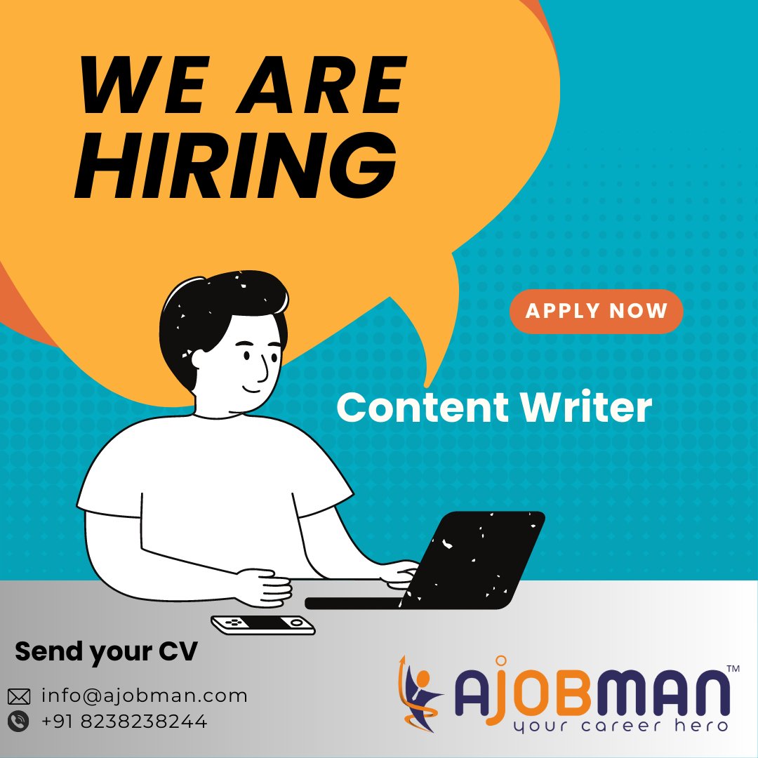 a_jobman's tweet image. 📢 We&apos;re Hiring! 
👉 Job Title: #ContentWriter
🌐Work from office
💼 Full-time
Don&apos;t wait – Apply Now!
💯% #JobPlacement
👉Terms &amp;amp; condition apply
🔖Send your CV &amp;amp; Contact Us more Detail: - 
📲+91 8238238244, 📧 info@ajobman.com

#contentwriterjob #writer #jobprovider #jobvacancy