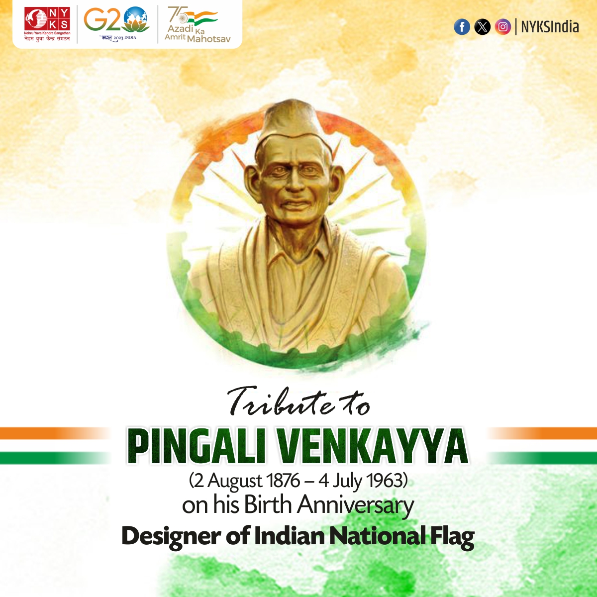 Tributes to Pingali Venkayya Garu on his Jayanthi.

The freedom fighter who was the designer of our Indian National Flag 'TIRANGA'.
It's time to remember and pay homage to these unrecognised names. 

#PingaliVenkayya #IndianFlag #India #NYKS #FreedomFighter #MeriMatiMeraDesh