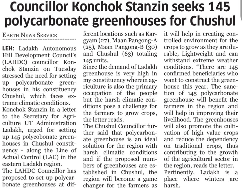 EarthNewsLadakh's tweet image. Councillor #KonchokStanzin seeks 145  #polycarbonate greenhouses for #Chushul

@lg_ladakh @Ravinder_Dangi1 @kstanzinladakh @LAHDC_LEH