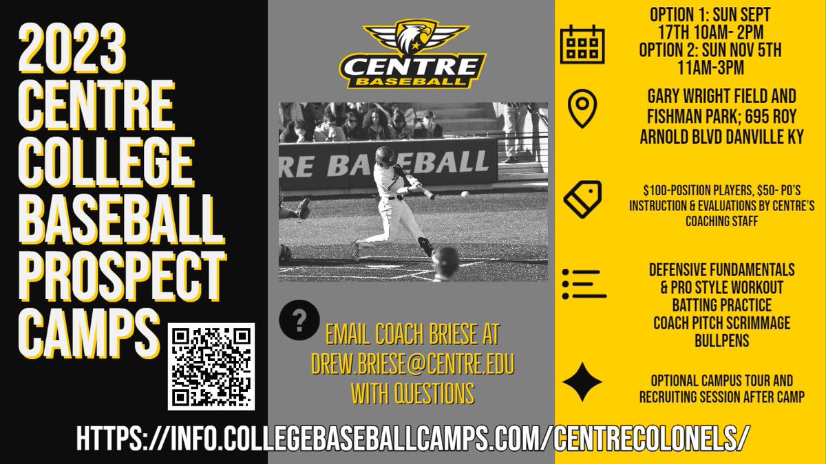 Centre Baseball (@centrebaseball) on Twitter photo 🚨Here are the dates for our Prospect Camp🚨 Who wants to wear black & gold #GoldRush <a href="/CentreAthletics/">Centre Colonels</a> 🚨Here are the dates for our Prospect Camp🚨 Who wants to wear black & gold #GoldRush <a href="/CentreAthletics/">Centre Colonels</a>