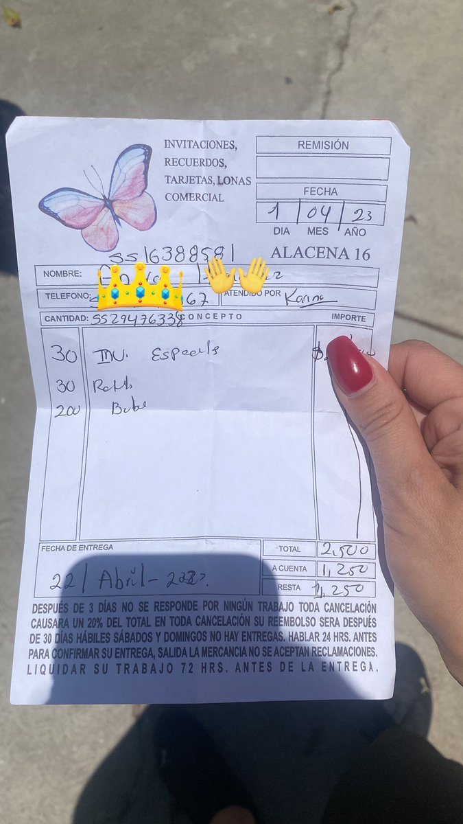 _Andyhdza's tweet photo. @Profeco ME URGE DE SU APOYO, el día 04 de abril de este año pague por que me elaboraran 30 invitaciones para mi boda, en este recibo indican que me las entregarían el 22 de abril del presente año, es a la fecha que solo me cambian la fecha de entrega. EXIJO MI DINERO https://t.co/Kt9PvaN2Ti