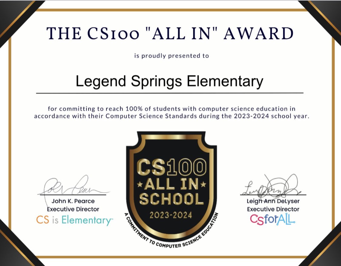 LizReyesAZ's tweet photo. @LegendSprings is a #CS100 “All In” school! Thank you @CSisElementary for this honor. We not only reach 100% of our students with #ComputerScience, but go the extra step to cover the grade level standards in CS for @DVUSD, our state, and #CSTA! Hooray! #CSforAll https://t.co/BjVyyAq6Bd