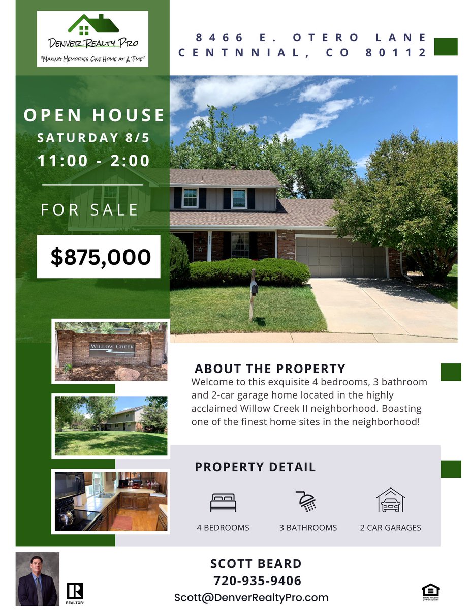 DenverRealtyPro's tweet photo. π¨π¨ Denver Realty Pro, LLC will be hosting an Open House this Saturday August 5th from 11:00am - 2:00pm on our newest listing at 8466 E. Otero Lane Centennial, CO 80112. π¨π¨ Please contact Scott Beard at 720-935-9406 with any questions. π π₯ #openhouse #DenverRealtyPro https://t.co/jAbDbzbCpD