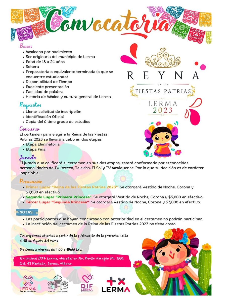 PortavozEdoMex's tweet photo. ABREN CONVOCATORIA PARA ELEGIR REYNA DE LAS FIESTAS PATRIAS LERMA 2023

La presidenta del @DIF_Lerma, Marisol Mote Martinez, señaló que este evento no solo aprecia la belleza femenina, sino también las tradiciones, la cultura, historia y el turismo de cada una de las comunidades del municipio.

Dijo que, para la actual administración municipal, el pensamiento de las mujeres y las jóvenes del municipio es de vital importancia para seguir generando proyectos en beneficio de estos sectores, y este certamen abre un espacio para expresarse. 

Más información y la convocatoria  👇🏼
https://t.co/dEmUqEy0iw