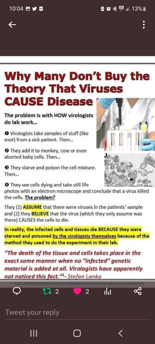 Alchemywizzard's tweet photo. Until scientists observe viruses in blood and saliva samples, I'm with the rest of the #TerrainModel community in saying that virology is a pseudo science based on indirect evidence.
The real contradiction is in Virologists' own language when they say that Viruses are just "information," yet they behave like their alive. How can a dead particle or information "invade and self replicate inside living cells???"
We're not talking about COMPUTER VIRUSES, but what's going on in the human body.