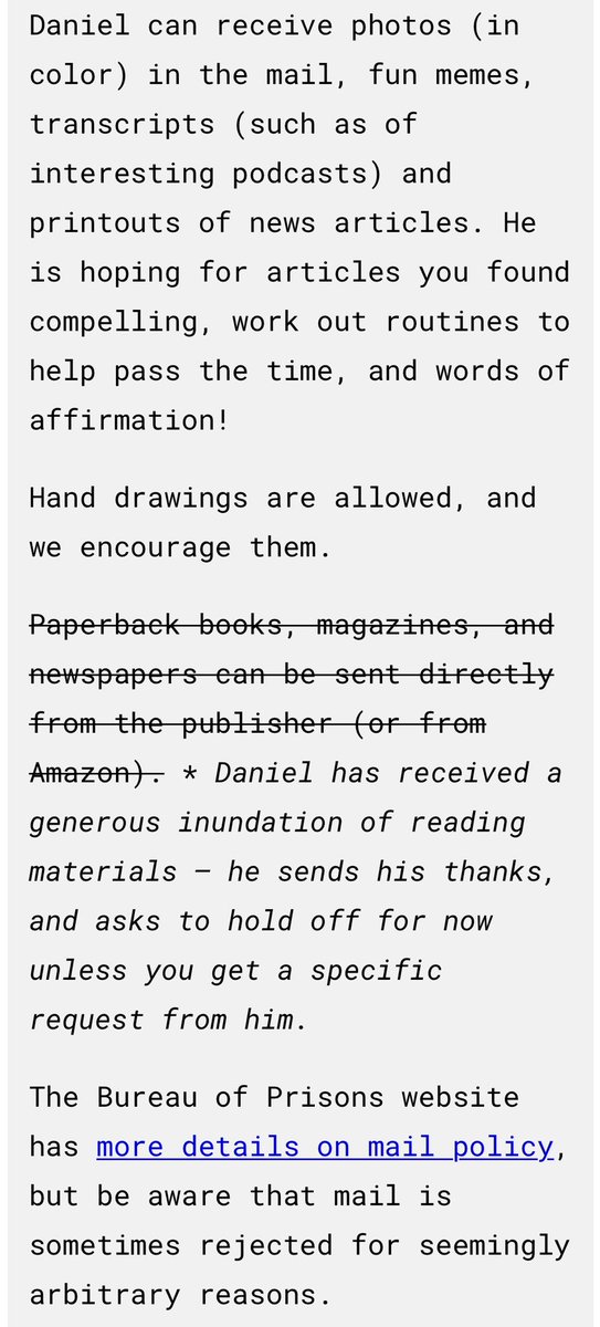 It’s Daniel’s 36th birthday today! Please write to him, and follow the instructions posted here. He can’t receive postcards or greeting cards, but don’t hold back from printed photos and letters as long as they’re within regulation.