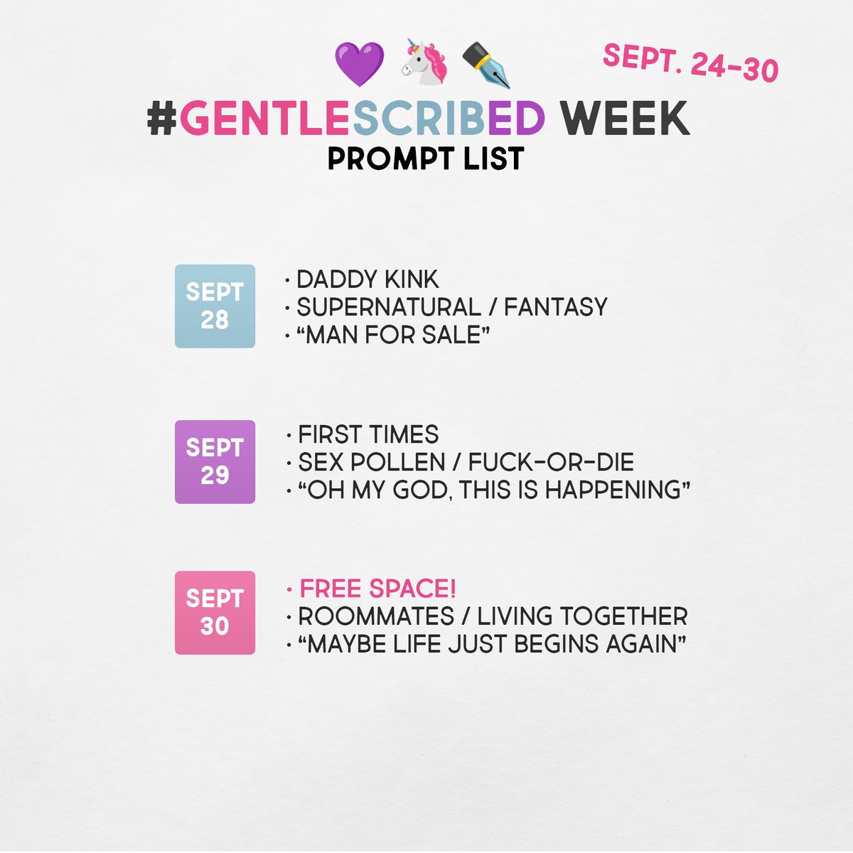 gentlescribed's tweet image. Here are the prompts for #gentlescribedweek! 🎊 Each day has a kink, an AU, and a quote - pick one, pick any, pick them all!