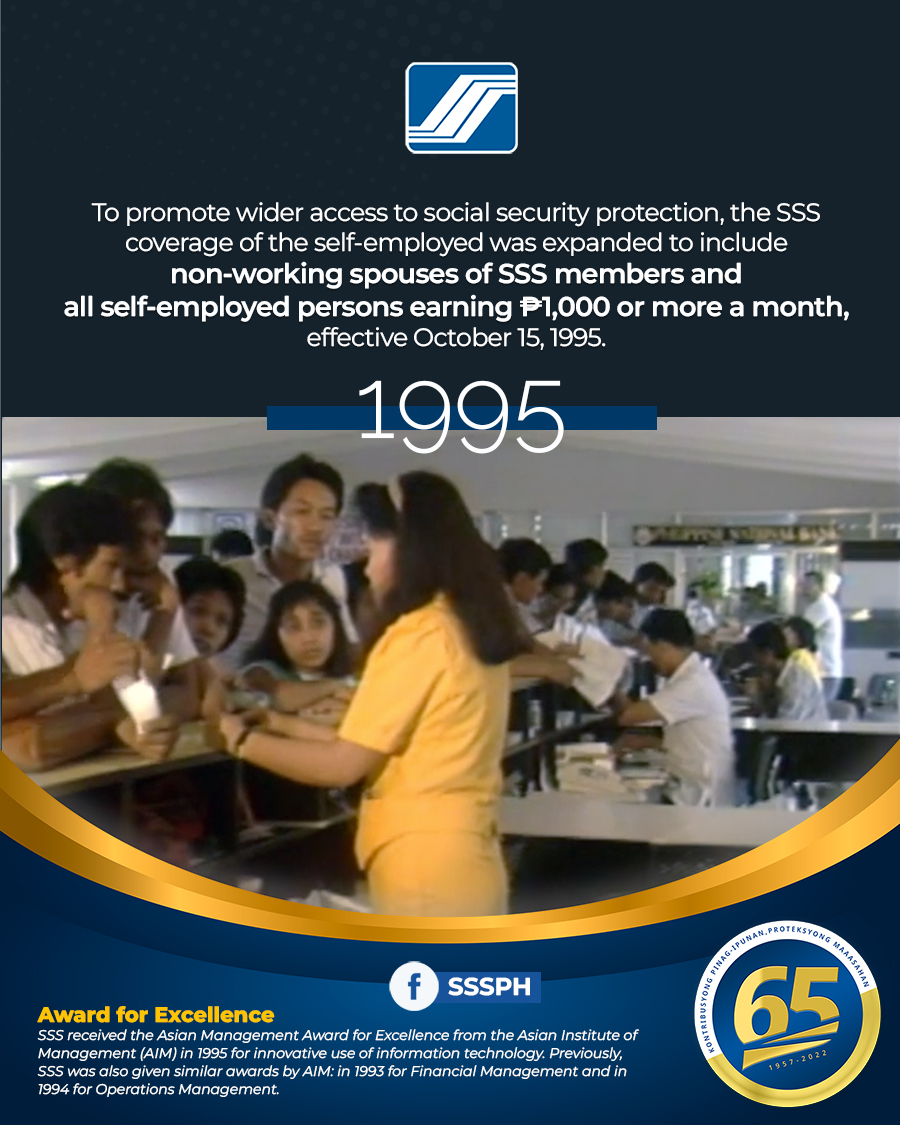 MYSSSPH's tweet photo. To promote wider access to social security protection, the SSS coverage of the self-employed was expanded to include non-working spouses of SSS members and all self-employed persons earning ₱1,000 or more a month, effective October 15, 1995.
#SSSat65 https://t.co/x8baDGPBGG
