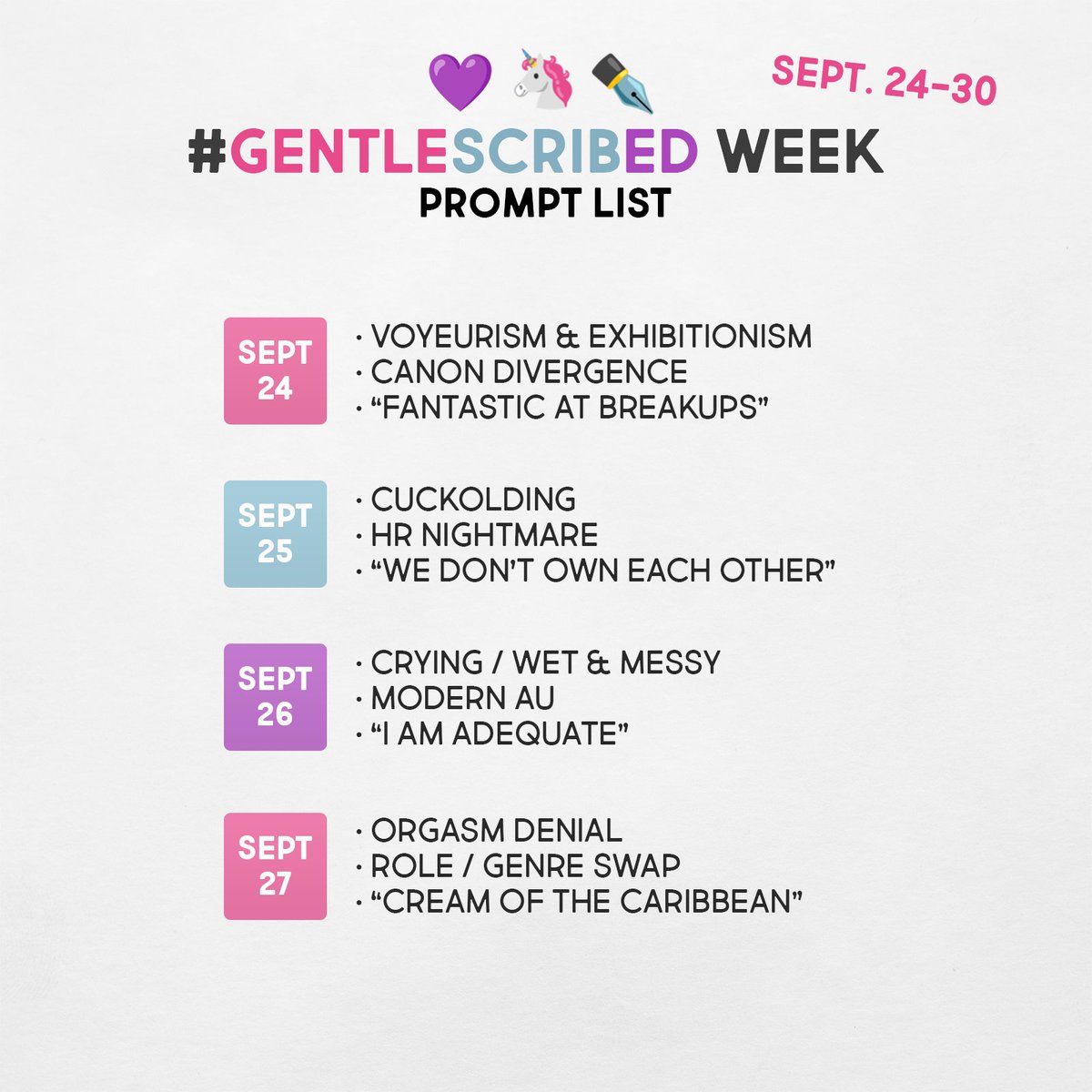 gentlescribed's tweet image. Here are the prompts for #gentlescribedweek! 🎊 Each day has a kink, an AU, and a quote - pick one, pick any, pick them all!