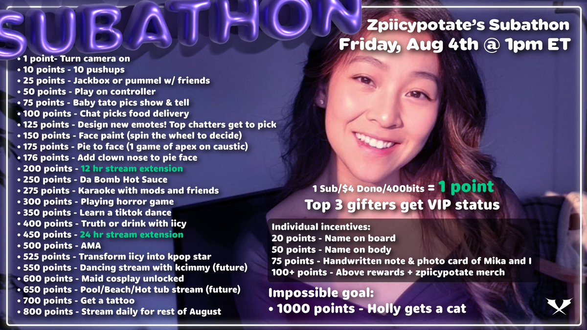 zpiicypotate's tweet photo. MY FIRST SUBATHON IS FINALLY HAPPENING! We are celebrating my twitch anniversary this coming Friday, Aug 4th @ 1pm ET!!! Action packed stream 🔥 Potential 24hr??? https://t.co/ZjVjJ7BX9P
