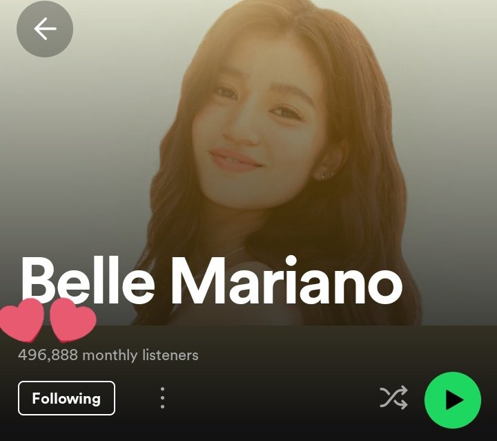 Good Morning! Happy 496K monthly listeners #BelleMariano! 🙌
Also..... #Bugambilya gained 49k streams in the last 24hrs and is now the most streamed track on #BelleSomberAlbum 

bugambilya supremacy ✨
keep on streaming people! 🫶