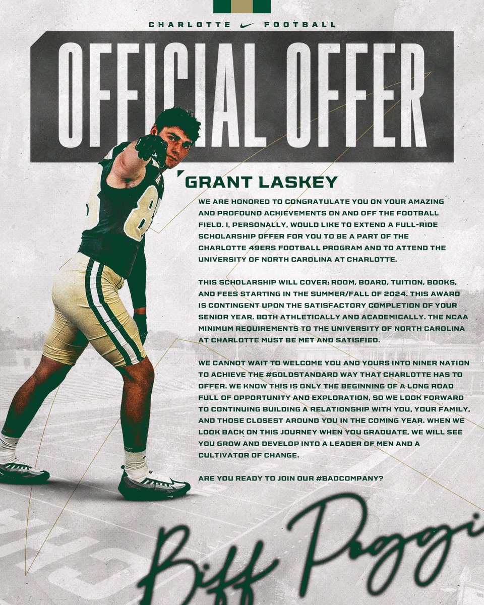 Thank you UNC Charlotte💚💛 <a href="/CarterVikingsFB/">Adam Carter</a> @Coach_FredM <a href="/CoachReese_LHS/">Coach Christopher Reese</a> <a href="/CoachMorookian/">John Morookian</a> <a href="/CoachM_Miller/">Mike Miller</a> <a href="/BiffPoggi/">Biff poggi</a>