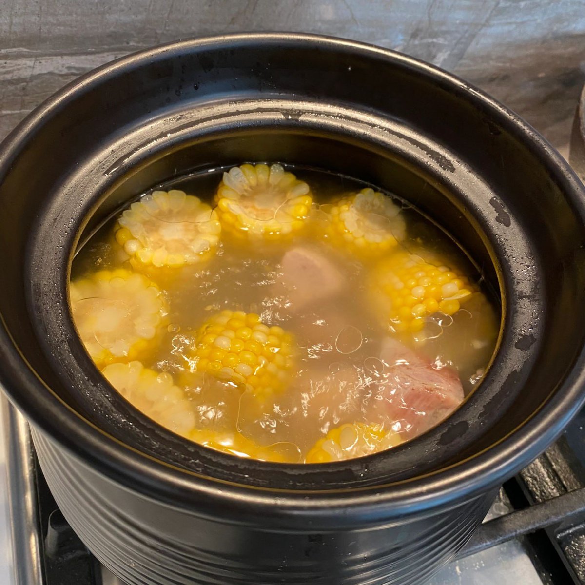 Soup for the evening. Corn and pork chop soup.