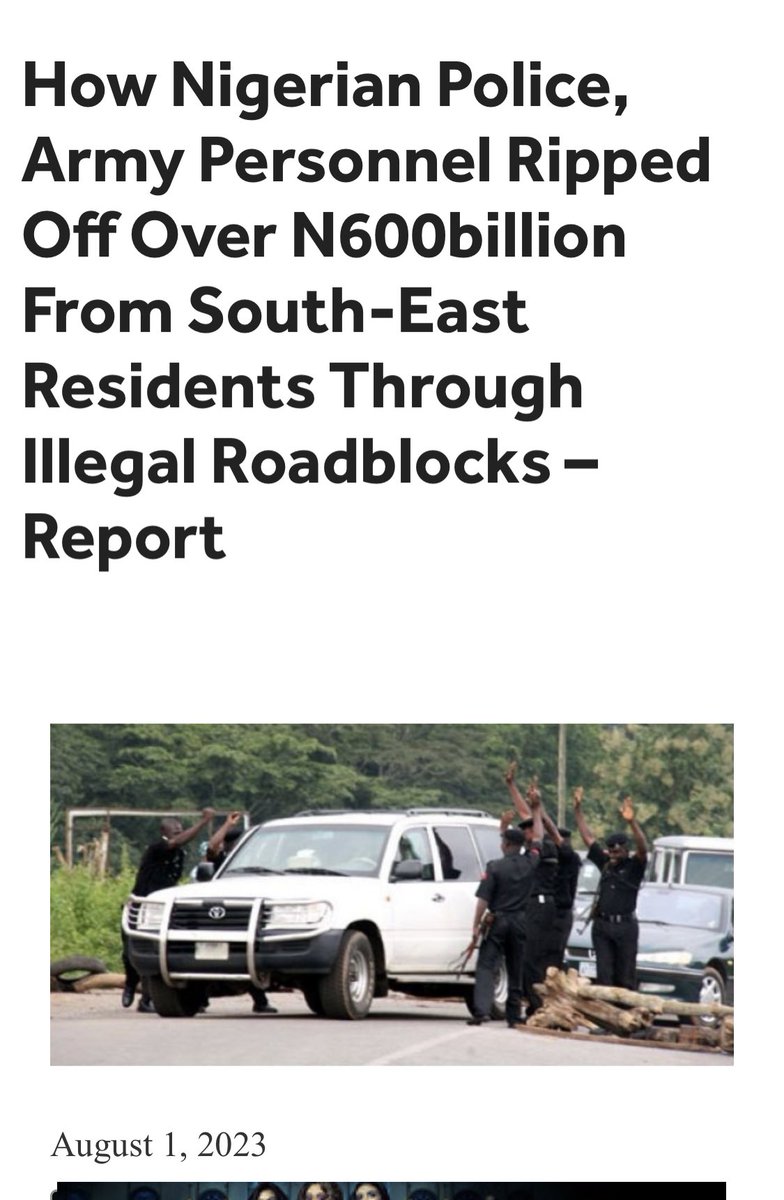 ChinasaNworu's tweet photo. How #Nigerian Police, Army Personnel Ripped Off Over N600billion From South-East Residents Through Illegal Roadblocks – 
https://t.co/fgp33OJUHl
@real_IpobDOS @UNHumanRights @UNWatch @mfa_russia @PoliceNG @NigeriaSenate @PeterObi @alexottiofr @CCSoludo @NOIweala @EUinNigeria https://t.co/6bnQUuuwBB
