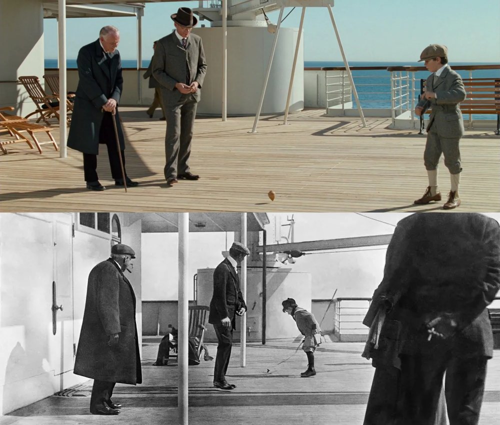FilmEasterEggs's tweet photo. In 'Titanic' (1997) the scene where a boy plays with a spinning top on deck is a recreation of a real photo taken onboard the ship on April 11th, 1912

It shows passenger Frederic Spedden and his 6 year old son Douglas. They both survived the sinking https://t.co/Vqe827zaFP