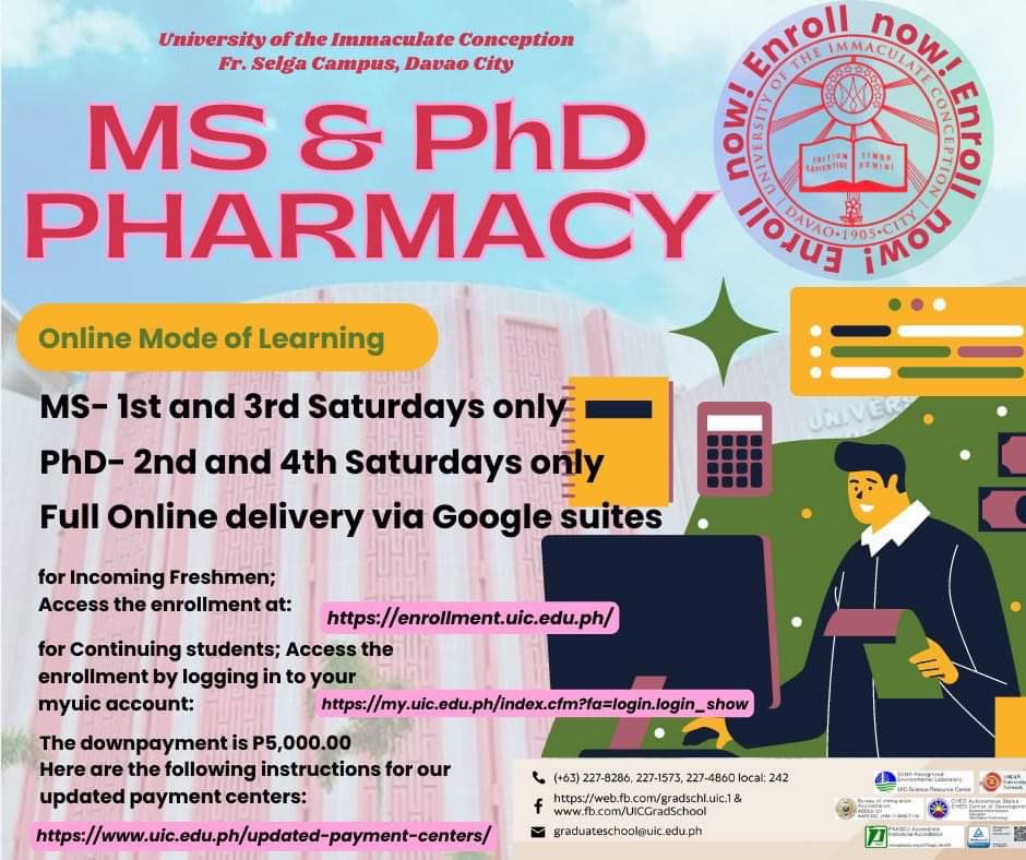 Hello everyone! If naghahanap ka ng sign na i-pursue ang master’s degree in Pharmacy, ✨ ito na po yon ✨

 ✔️ Full online 
✔️ classes are only on the 1st and 3rd Saturdays
✔️ 5,000 php down payment 

RPh, MS 🔜 

Here’s the link to enroll: enrollment.uic.edu.ph