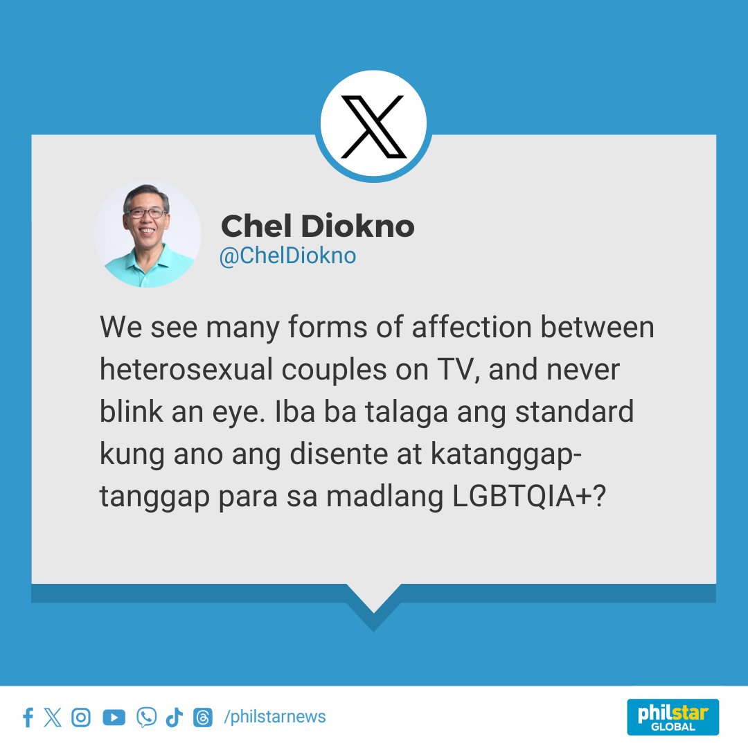 PhilstarNews's tweet photo. IBA ANG STANDARDS FOR LGBTQIA+?

Human rights lawyer Chel Diokno asked this on Twitter after the MTRCB summoned "It's Showtime" producers over the alleged indecent acts performed by Vice Ganda and Ion Perez.

Meanwhile, some social media users called out MTRCB Chairperson Lala Sotto to also investigate her parents' action on "EAT" after the agency summoned "It's Showtime."

“We see many forms of affection between heterosexual couples on TV, and never blink an eye,” writes Diokno. “Iba ba talaga ang standard kung ano ang disente at katanggap-tanggap para sa madlang LGBTQIA+?”

Related stories: https://t.co/x66RNVvQGh

https://t.co/1VkRB9RWhU