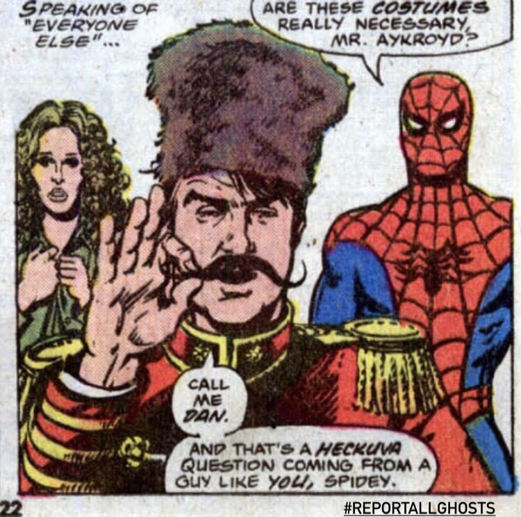 ReportAllGhosts's tweet photo. Spider-Dan! Spider-Dan! 🕷👻

Like if you read this retro panel in Dan Aykroyd’s voice! 

Happy #NationalSpiderManDay 

Looking back in the time the web head teamed up with Dan, Bill Murray, and the entire cast of SNL! 

#ghostbusters #spiderman #slimer #DanAykroyd #SNL #marvel https://t.co/tR17CuKocT