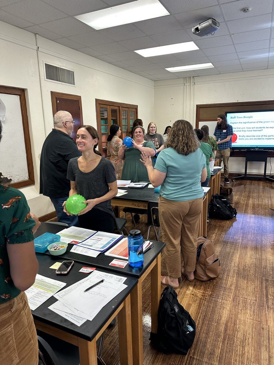 StacyManross's tweet photo. New Teacher Academy is underway and I am beyond excited to see these teachers in action! The #hope #joy and #urgency they’re bringing to @FortWorthISD secondary literacy is unmatched. ⭐️ (Also, they were excellent sports about Ball Toss Boogie! @lead4ward) https://t.co/ihi62gIMll