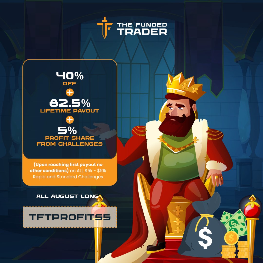 TWO NEW PROMOTIONS

#1 🏹
Overview:  12.5% off + 85% payout + 150% Refund
End Date: ALL AUGUST LONG
Code: WORLDTRAVELER

#2 👑
Overview:  40% off + 82.5% Lifetime Payout + 5% profit share from challenges (Upon reaching first payout no other conditions) on ALL $5k - $10k Rapid and
