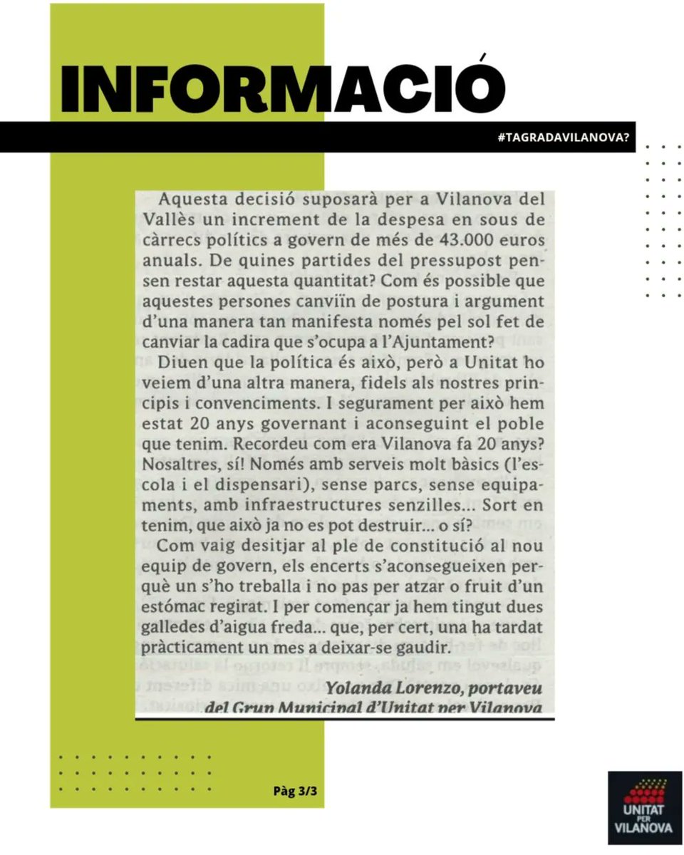 unitatvilanova's tweet photo. 📰 Vilanova del Vallès, el govern de l'augment del 33% ⬆️

Article d'opinió UpVv - Diari El nou9 
num 3339 
Dilluns, 31 juliol 2023
.
#tagradavilanova #enclaulocal
#sompoble #upvv #unitatpervilanova #governdel33 #vilanovadelvallès #vilanovadelvalles #vallesoriental 
@el9nou_vor https://t.co/ThiSqzRsPE