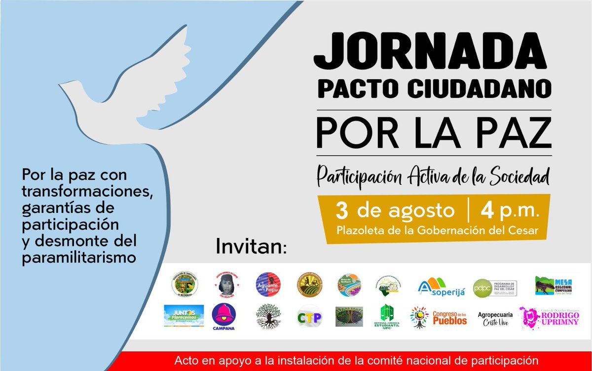 Cesar es territorio de paz.
 los territorios vamos apostarle a las transformaciones sociales. Les invitamos a participar activamente de este momento histórico, juntos construimos paz
#juntosflorecemos