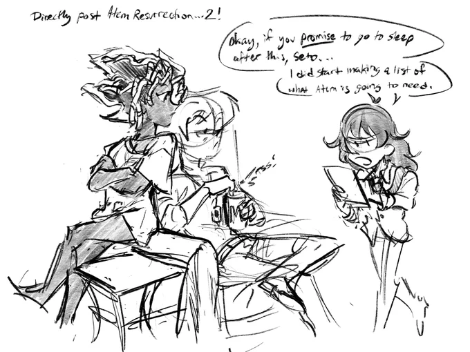 Was silly sketching about a post DSOD "Atem goes back with Kaiba and gets his own body" au. I was thinking about caffeine tolerance (1/2) #ygo 
