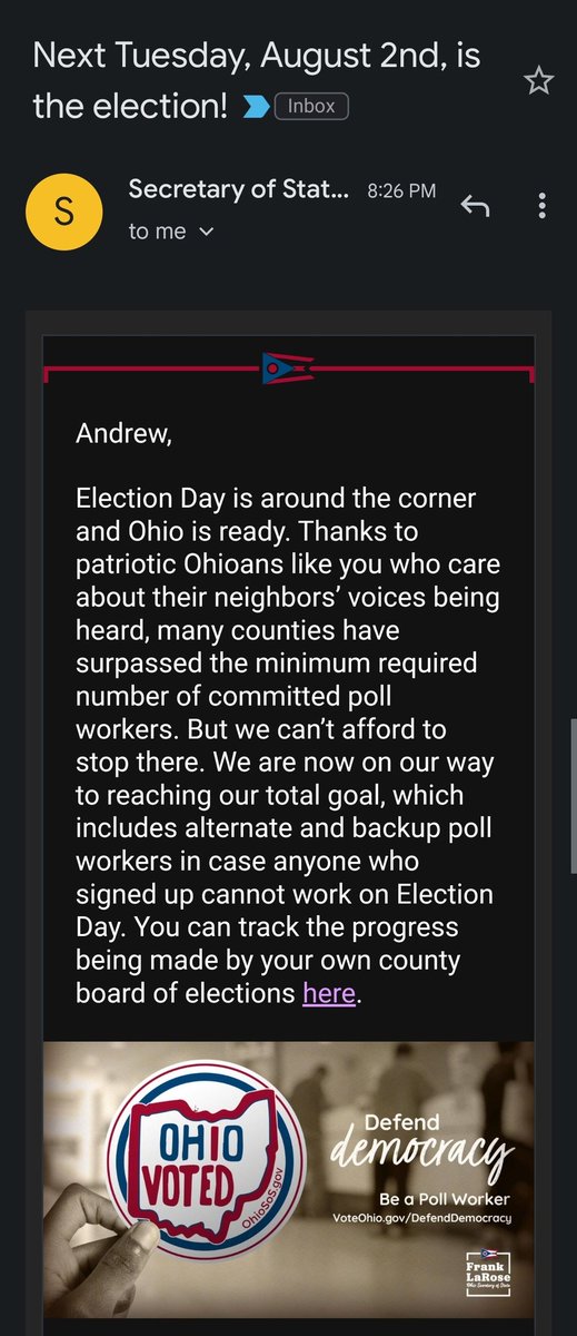 Hey <a href="/DavidPepper/">David Pepper</a> the Secretary of State just sent out an email to several thousand poll workers about the "illegal" election in Ohio and didn't even put the right date:
