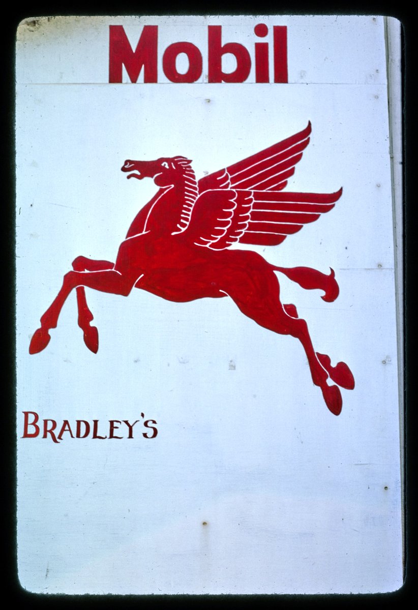 oldroadside's tweet image. bradley's mobil hand-painted gasoline sign, main street, franklin, new york, 1976