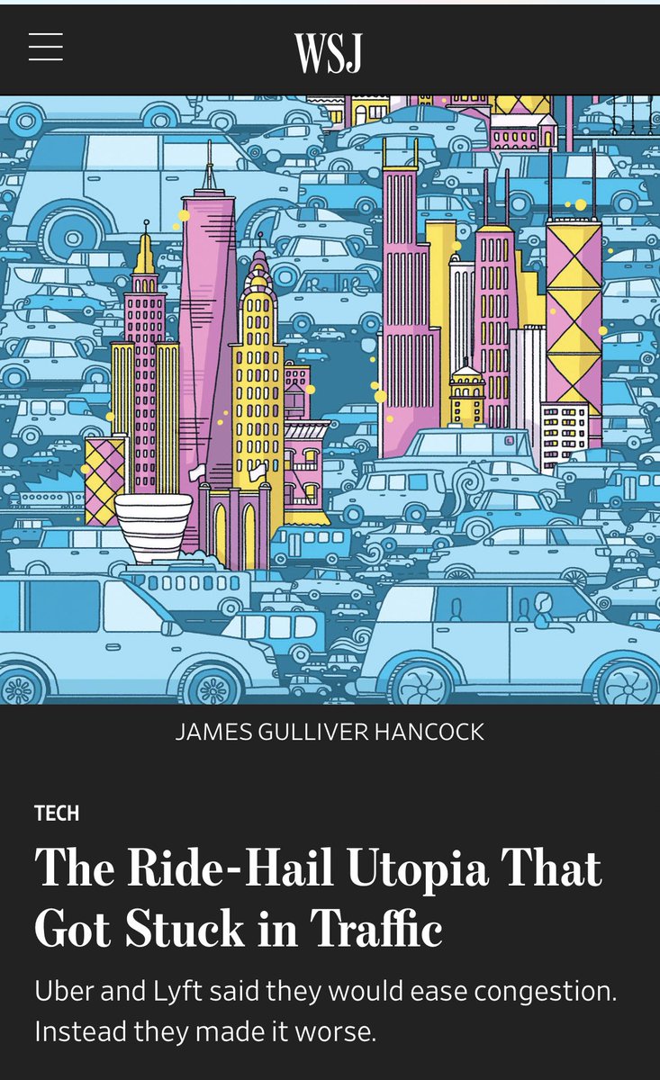 Remember, 8 years ago #Uber insisted it would reduce traffic. Instead, Uber drivers cruise without passengers 40% of the time. Uber and Lyft no longer claim they reduce traffic. They now admit they increase congestion.

So much for “making cities better…”
wsj.com/articles/the-r…