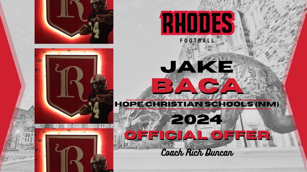 Jacob Baca (@jacob_baca55) on Twitter photo After a great talk with <a href="/coachrichduncan/">Rich Duncan</a> I am extremely blessed to receive an offer from Rhodes College. Thank you <a href="/RhodesFootball/">Rhodes Football</a> <a href="/CoachBenMathias/">Ben Mathias</a> and <a href="/CoachATChau/">ANDREW CHAU</a>. #RollLynx
<a href="/PrepRedzoneNM/">Prep Redzone New Mexico</a> <a href="/nmpreps/">NMPreps</a> <a href="/CoachPerrone/">Coach Perrone (My Recruits)</a> <a href="/coachsalinas_/">Fernando Salinas</a> After a great talk with <a href="/coachrichduncan/">Rich Duncan</a> I am extremely blessed to receive an offer from Rhodes College. Thank you <a href="/RhodesFootball/">Rhodes Football</a> <a href="/CoachBenMathias/">Ben Mathias</a> and <a href="/CoachATChau/">ANDREW CHAU</a>. #RollLynx
<a href="/PrepRedzoneNM/">Prep Redzone New Mexico</a> <a href="/nmpreps/">NMPreps</a> <a href="/CoachPerrone/">Coach Perrone (My Recruits)</a> <a href="/coachsalinas_/">Fernando Salinas</a>