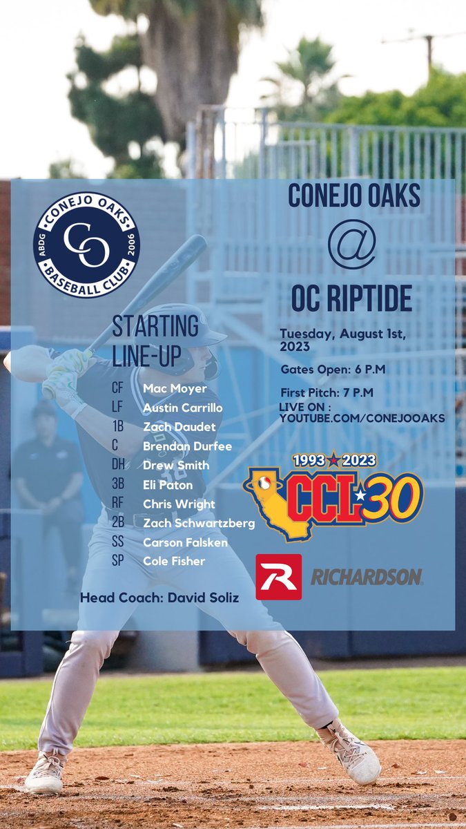 Conejo_Oaks's tweet photo. We out here in Irvine. Taking on the @ocriptide for our Wild Card Matchup

Here’s what Coach Soliz cooked up and penciled in for the lineup 

Stream: https://t.co/IQfmVtyS2P

#WhyNotOaks #CCLBaseball #CCL30Years https://t.co/abCI5S9Og0