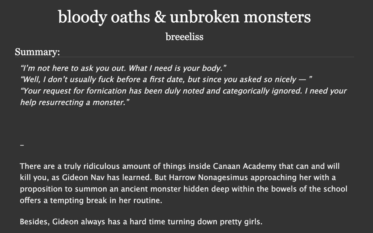 breeeliss's tweet photo. who likes bloody dark academia au's? 👀

my fic for @TLTResurrection ! lots of blood, lots of monsters, a lil sex, lots of craziness 🖤 hope you enjoy!

https://t.co/h9OR1HJEu1

#tlt #griddlehark #TheLockedTomb https://t.co/DPWlsOI1AV