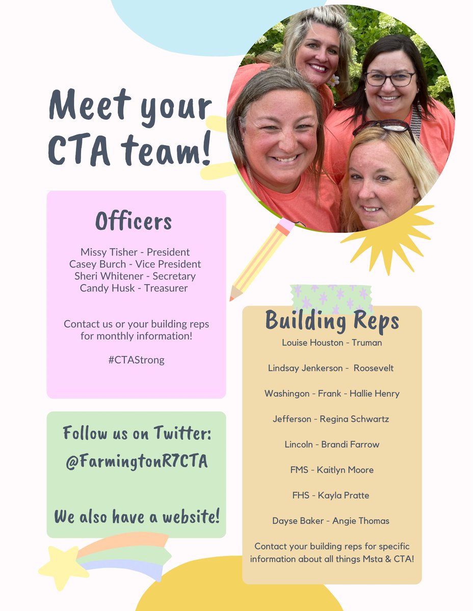 Meet our 2023-24 CTA Officers and Building Reps! 

We will be your contact for all things CTA (and MSTA)! #CTAStrong #TheKnightWay