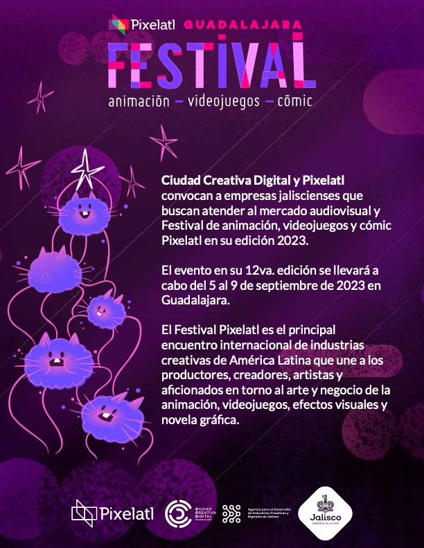 CCDJALISCO's tweet photo. ¿Quieres ir al festival @Pixelatl 2023, el mejor de animación, videojuegos y cómics de Latam? Si tienes una empresa creativa digital en Jalisco, aplica a la convocatoria CCD-Pixelatl y gana un pase Market, becas para pitchear tus proyectos y mentorías. https://t.co/n6o3GZnte1 https://t.co/pNXim7Tfui