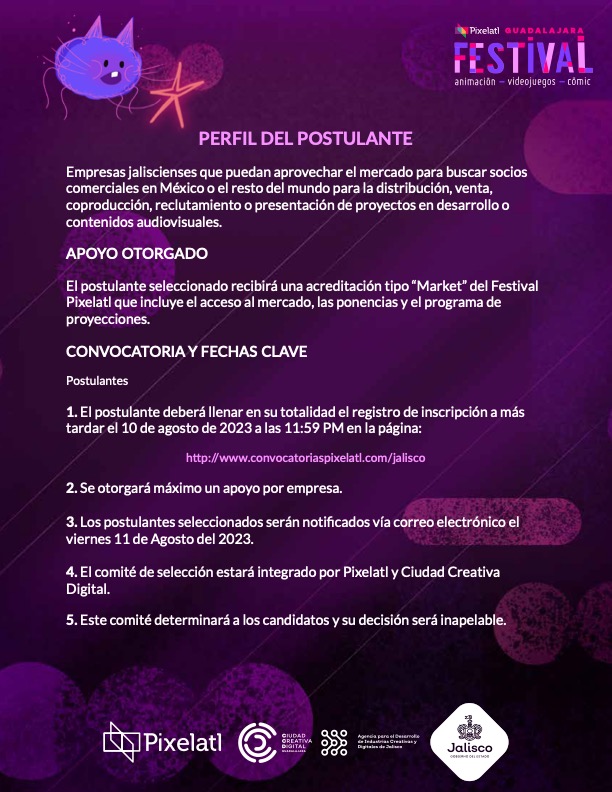CCDJALISCO's tweet photo. ¿Quieres ir al festival @Pixelatl 2023, el mejor de animación, videojuegos y cómics de Latam? Si tienes una empresa creativa digital en Jalisco, aplica a la convocatoria CCD-Pixelatl y gana un pase Market, becas para pitchear tus proyectos y mentorías. https://t.co/n6o3GZnte1 https://t.co/pNXim7Tfui