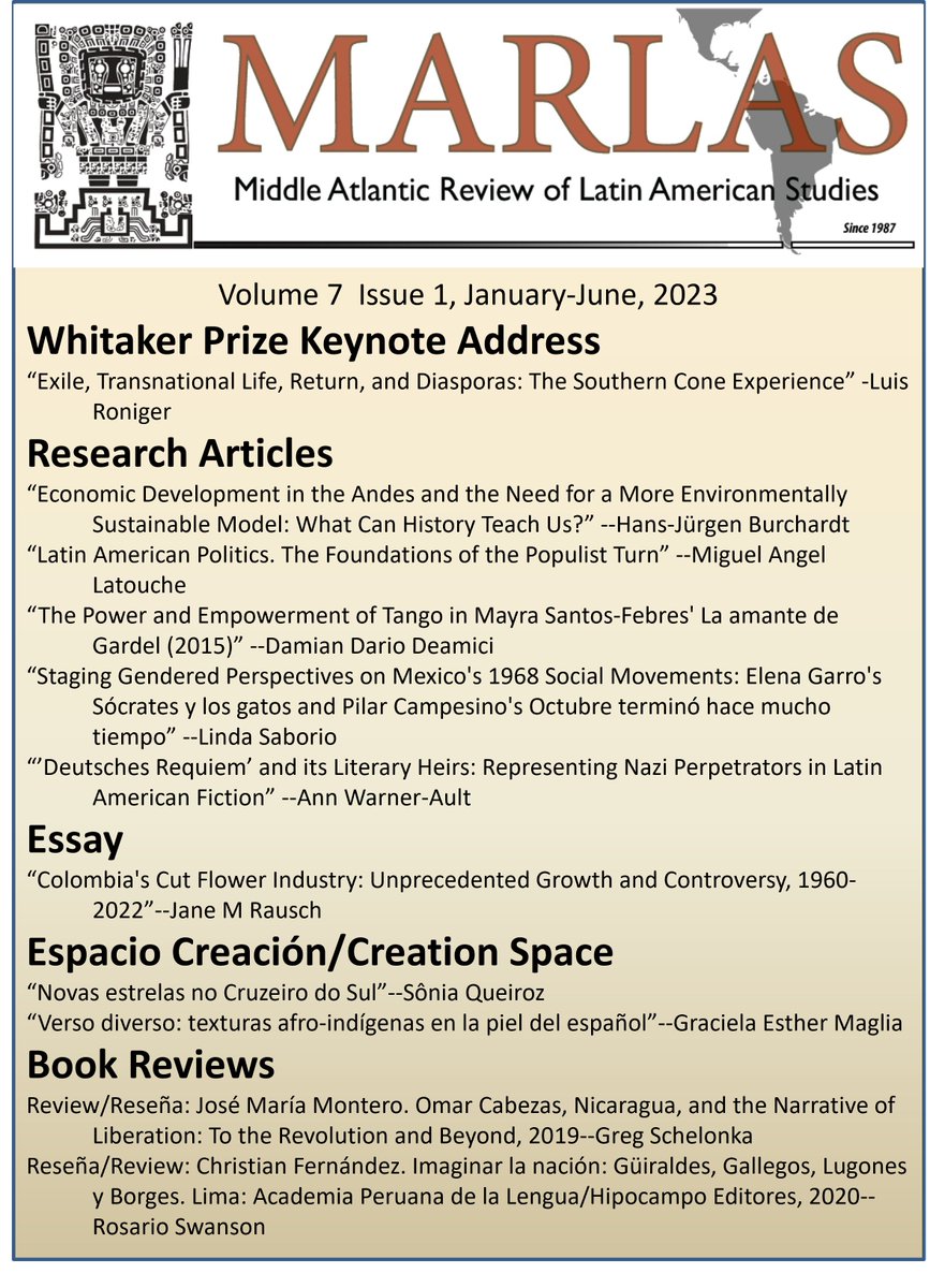 New issue of <a href="/MARLASjournal/">MidAtlanticReviewLAS</a> just published by <a href="/MaclasOrg/">MACLAS</a>, open access on @LARC_LASA!  Check out the latest issue, including articles, an essay, the Whitaker Prize Keynote Address, Creation Space, and book reviews: marlasjournal.com/26/volume/7/is…
