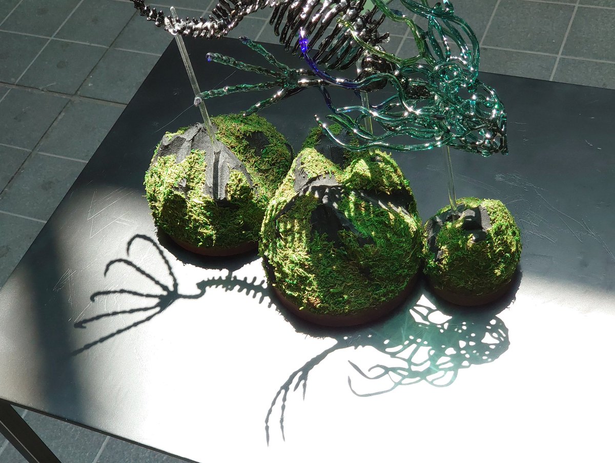 ＃工芸学科　＃バーナーワーク
「換骨奪胎」
生物は例外を除いて骨格を有する。骨格とは則ち文字通り「骨組み」であり、私達は骨組みに肉と皮を纏わせ、臓物を中に収めている。
　骨を取り換え、胎盤を奪う。鯨の骨を弄り、頭部から肉の糸が新たに編まれていくソレはどんな姿をしているのか。