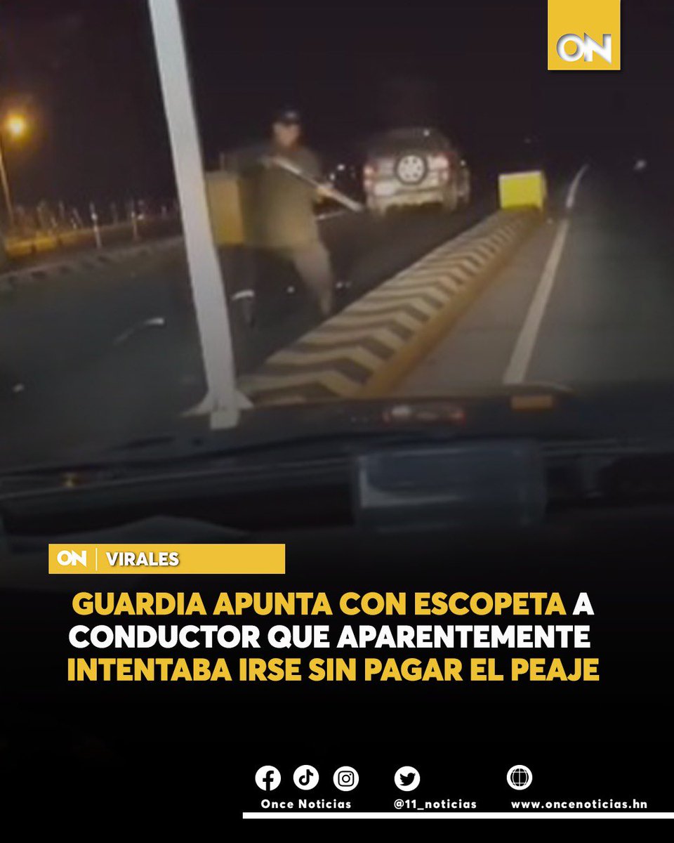 11_Noticias's tweet photo. #VIRALES🟡| Un guardia de seguridad fue grabado mientras amenazaba con una escopeta a un hombre que aparentemente pretendía pasar sin pagar la tarifa del peaje en el sector de Zambrano, Francisco Morazán.
Mira el momento aquí:
https://t.co/Q8ewWC2EjQ
#Guardia #Apunta #Conductor https://t.co/MeSBmg2dBV