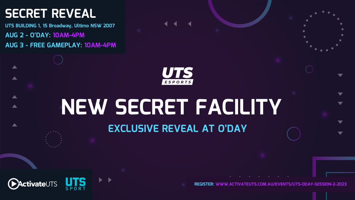Attention UTS esport members we have something special in store for you.

Come visit us at UTS O’Day today to find out.

When: August 2nd and 3rd
Time: 10am-4pm
Where: UTS Building 1, 15 Broadway, Ultimo NSW 2007

#UTSEsports #NewHomeReveal #TopSecret
