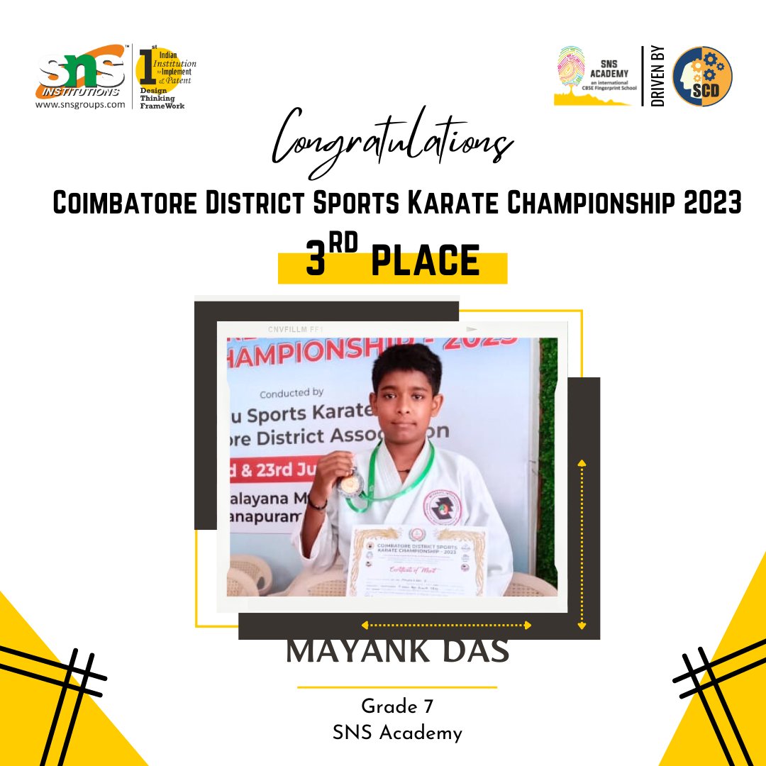 snsinstitutions's tweet photo. Happy to share that our academy student Mayank Das of grade 7 A has secured 3rd place in Coimbatore District Sports Karate Championship 2023.

#SNSInstitutions #SNSDesignThinkers #DesignThinking

#karate #sports #districtmatch #bestcbseschool #GDTA #DesignThinkingMattersNow https://t.co/sWk3EzIpLU