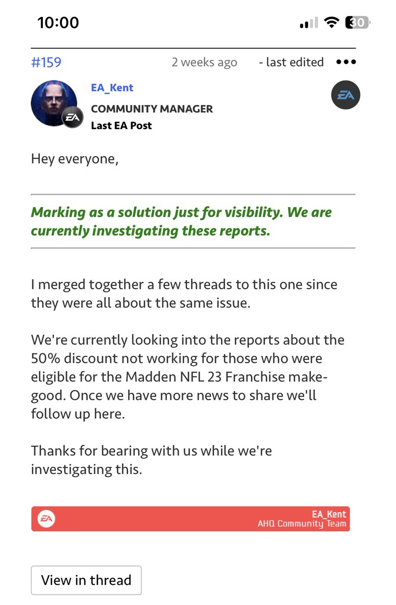 StaplesCenter81's tweet photo. @austinthebeast9 @EAHelp They gave us this update on the EA Help forum 2 weeks ago. No updates since. There are over 300 comments of guys with the same issue. Hopefully they honor our discount. https://t.co/3XvmnA6qy3