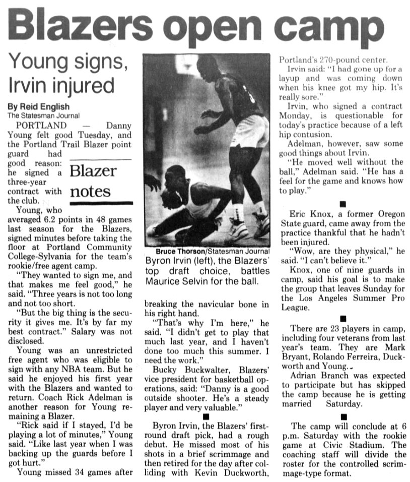 77Blazers's tweet photo. Aug 1 1989 - The @trailblazers open their 20th annual FA/Rookie camp at @PortlandCC.
The #Blazers have 23 players attending the camp including #KevinDuckworth, #DannyYoung, #MarkBryant, & @UncleCliffy30
#RipCity https://t.co/zvI5UUQzIp