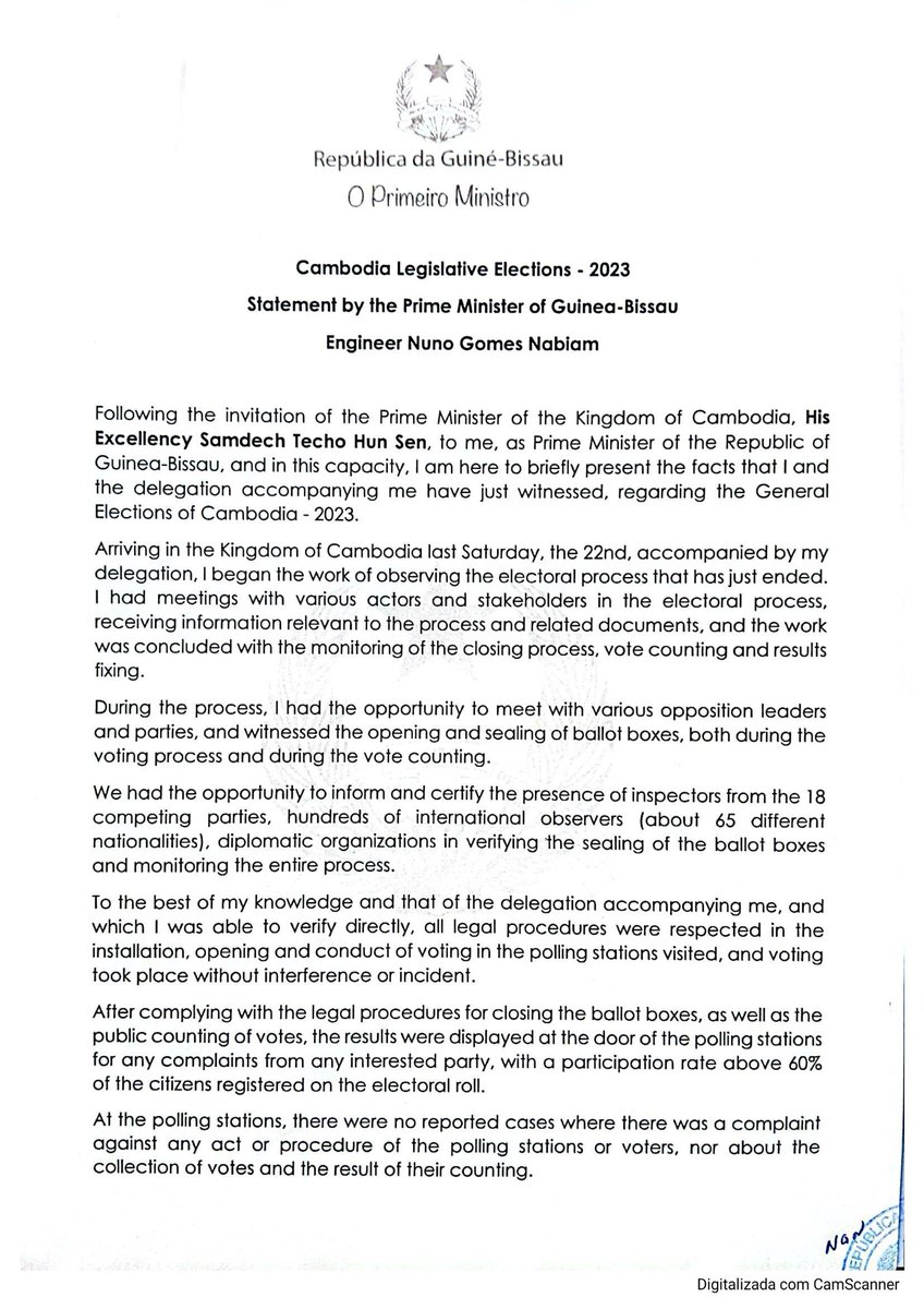 engvanda34's tweet photo. PM of Guinea-Bissau Releases Statement on #Cambodia General #Election 2023. https://t.co/LQAm86ua1Y