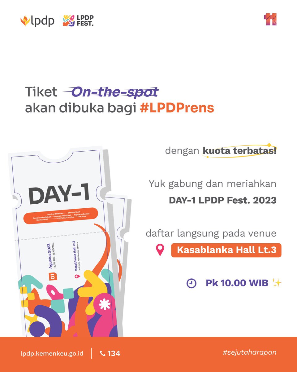 LPDP_RI's tweet photo. Ayoo ke Kokas #LPDprens karena hari ini TIKET ON THE SPOT TERSEDIA!
Endowmin tunggu yaa
Ini hari terakhir kesempatanmu menikmati Edu Fair, Job Fair, dan Research Fair!
-
#lpdpfest #edufair https://t.co/GAF8zHYdkZ